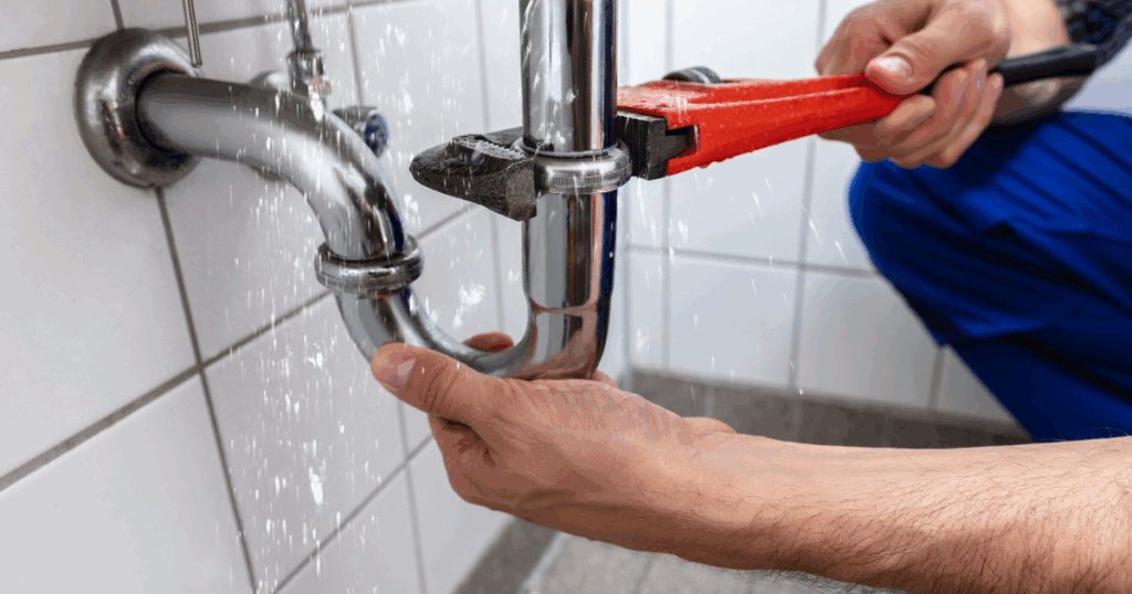 Plumber using wrench to fix leak from chrome pipe in Las Vegas bathroom