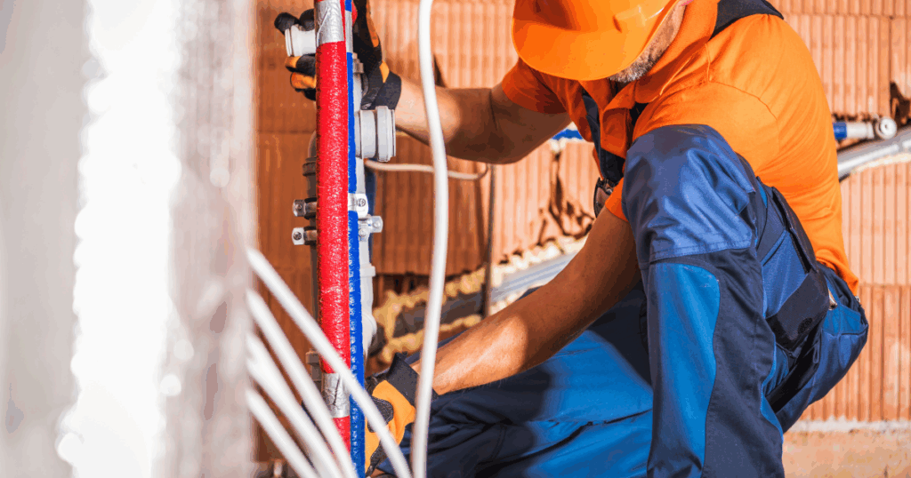 The best commercial plumber inspecting red and blue PEX plumbing lines in new Las Vegas construction