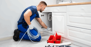 Plumber using a drain snake to perform drain cleaning clear a clogged kitchen sink in Las Vegas home