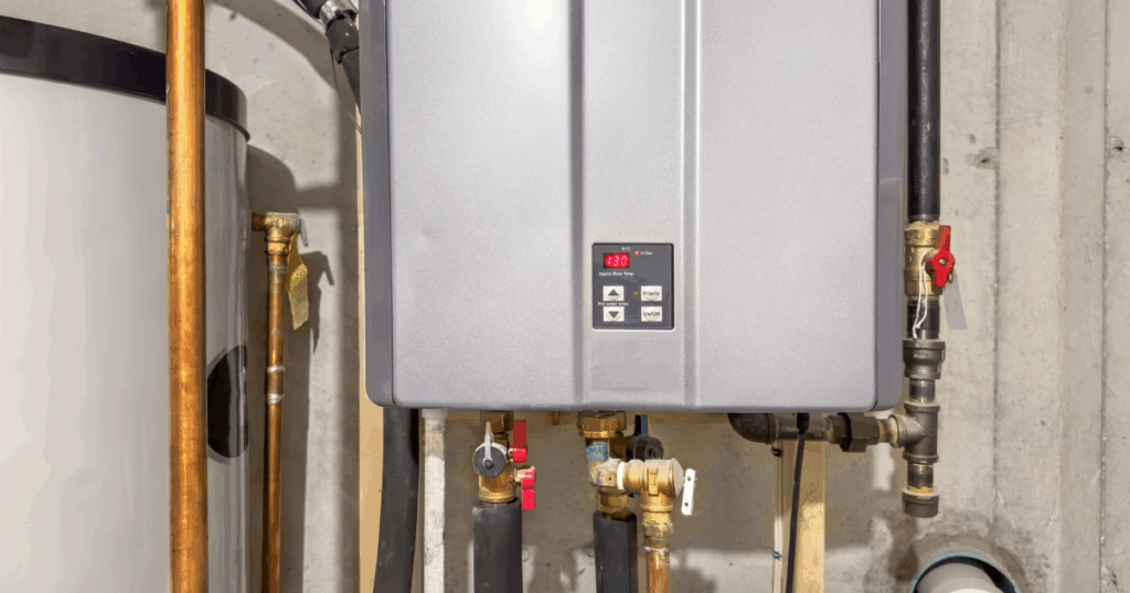 Modern tankless water heater installed in Las Vegas home utility room