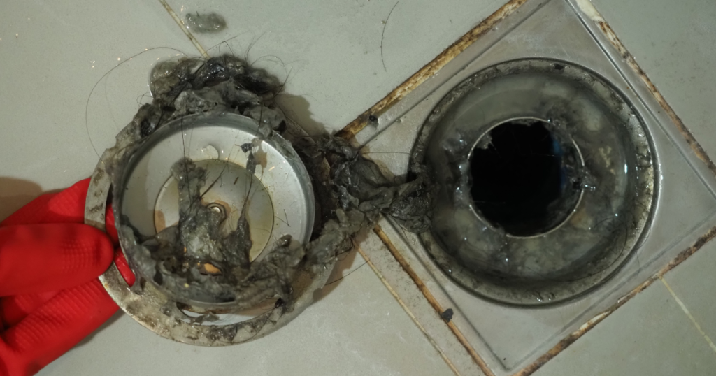 Severe hair clogged drain in bathroom drain showing buildup requiring professional drain cleaning Las Vegas